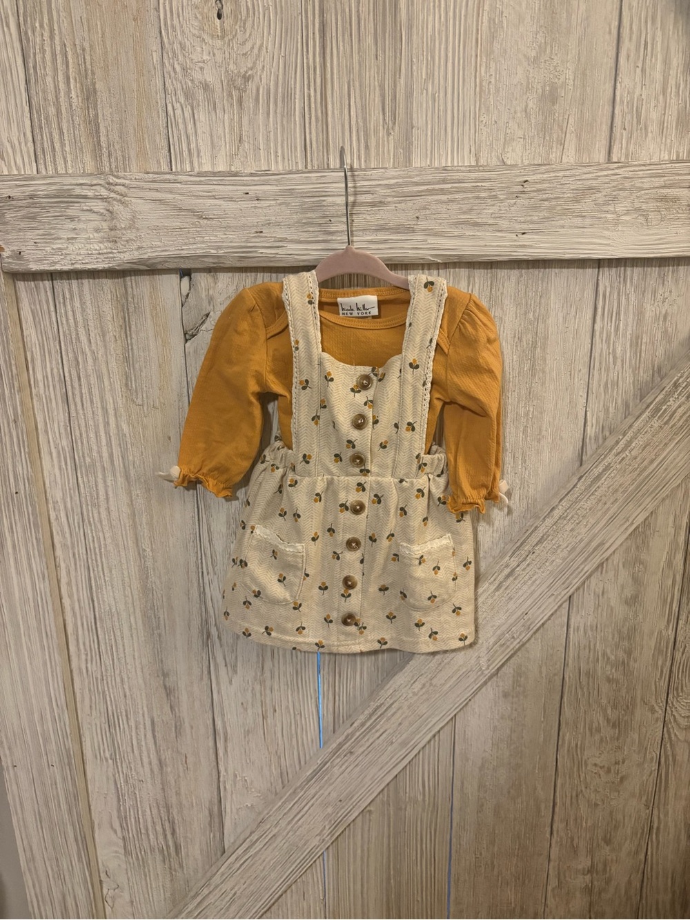 Infant Mustard Long-Sleeve Top with Cream Floral Pinafore Dress